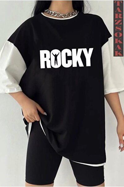 Tarzsokak Tricou unisex negru oversize dublă culoare cu imprimeu ROCKY