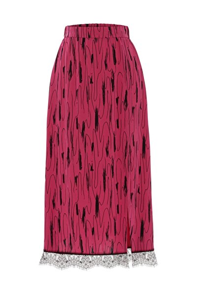 Exquise Desenli Yırtmaç Detaylı Midi Etek