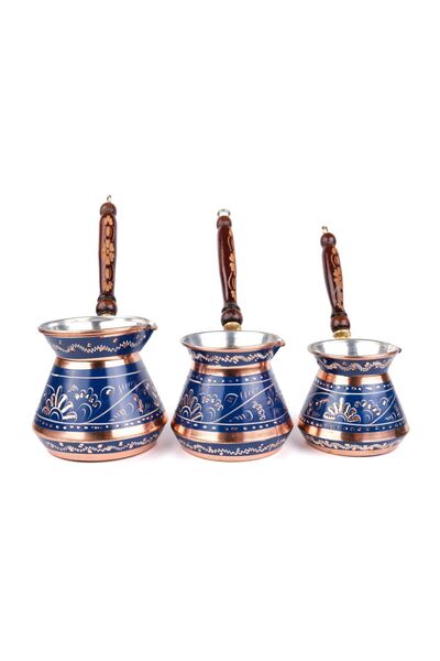 Zinnun Bakır Cezve Erzincan El Işleme 3'lü Set Tombik(8-6-4 KİŞİLİK)