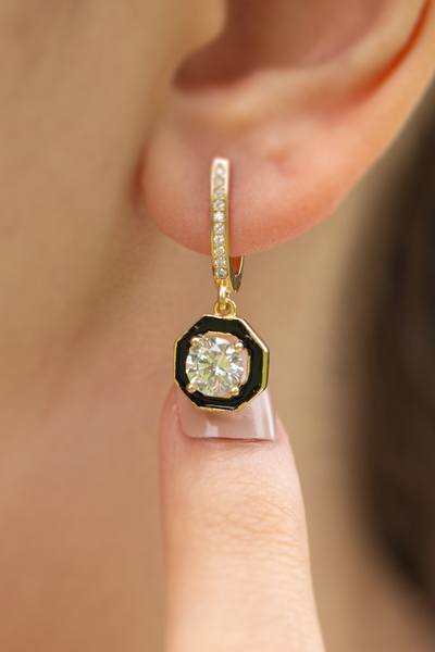 Çgk Çiğdem Gürel Kuyumculuk Siyah Mineli Tektaş Halka Altın Küpe