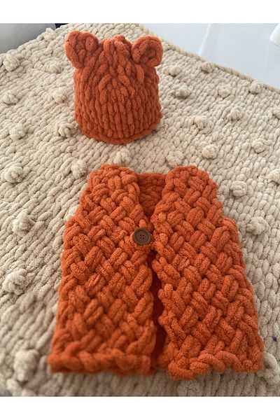 ÖRGÜCÜ DESİGN Orange Alize Puffy Baby Blanket Vest and Beanie Set