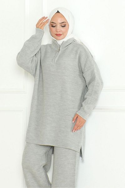 Bestenur Gray Knitwear Tunic and Trousers Set - Zippered 1126