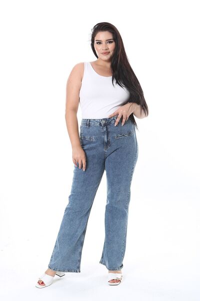 Şans Μπλε ψηλόμεσο τζιν Lycra Plus Size - Μπροστινές διακοσμητικές τσέπες 65N38299