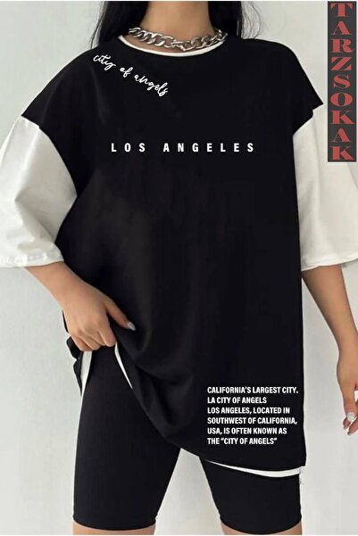 Tarzsokak Tricou unisex negru oversize dublă culoare LOS ANGELSS TEXT imprimat