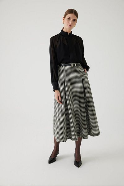Exquise Gingham Patterned Belted Regular Midi Skirt - A-Line