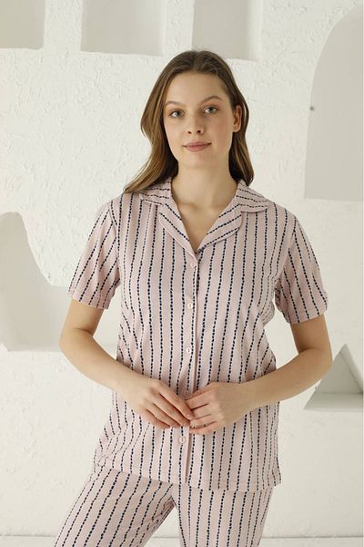 PİJAMOOD Women's Short Sleeve Cotton Front Buttoned Pajamas Set