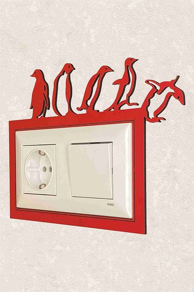 BLgrup 2128-k Laser Cut Decorative Wooden Switch Socket Frame Double Penguins Red