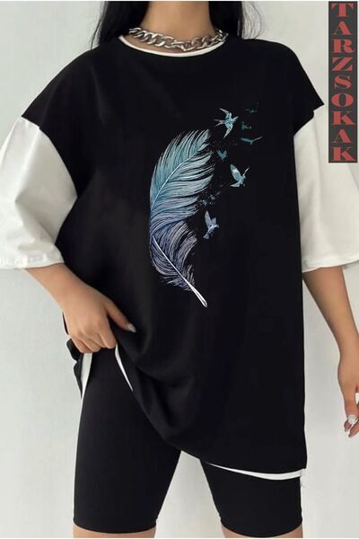 Tarzsokak Tricou unisex negru oversize dublu culoare cu imprimeu FEATHER