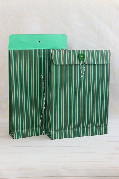 demontecraft Orta Boy, Ipli- Düğmeli Yeşil Çizgili Hediye Paketi, Karton , Hediye Poşeti, 2 Adet Kağıt Çanta