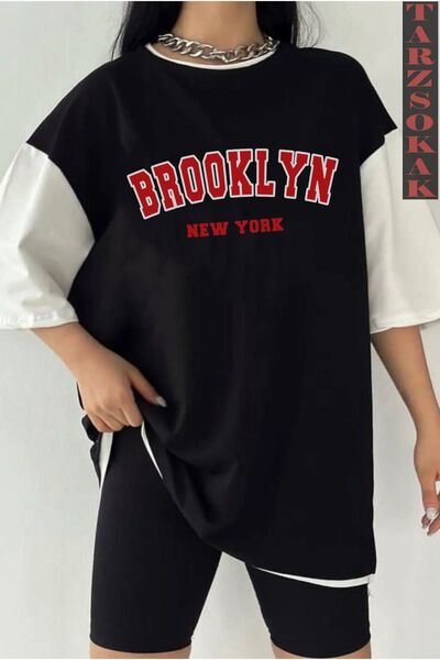 Tarzsokak Μαύρο Oversize Διπλό Μπλουζάκι BROOKLYN με στάμπα Unisex