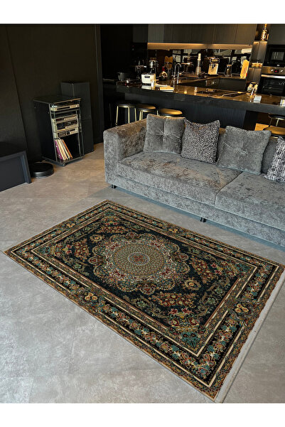 Rugs Modern Halı Çok Renkli Bordür Detaylı Koyu Yeşil Etnik Serisi Modern Dek...