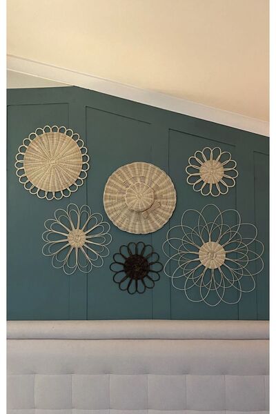 Bohodella 6 Parça Rattan Bambu Hasır Duvar Sepeti Bohem Hasır Duvar Süsü