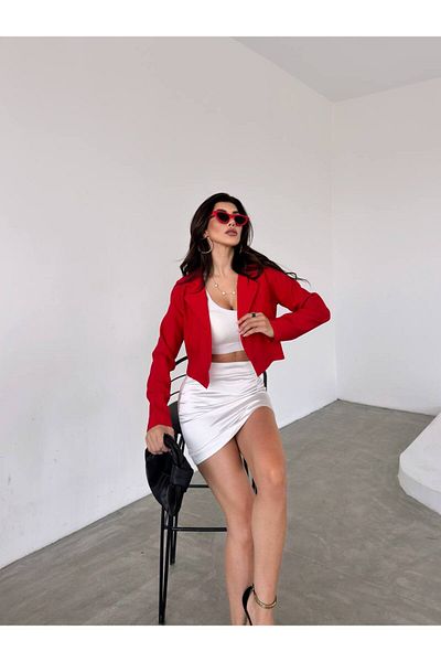ubmbutik Red Crop Women's Jacket - Knitted Double Fabric, Single Button