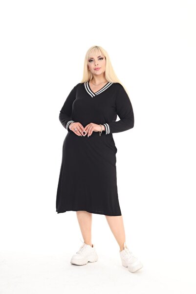 mami butik V λαιμόκοψη - Μακρυμάνικο και άνοιγμα Μαύρο χτενισμένο βαμβακερό φόρεμα - Plus Size με τσέπες