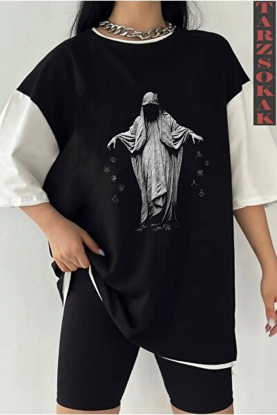 Tarzsokak Black Oversize Double Color Dreadles Printed Unisex Tshirt