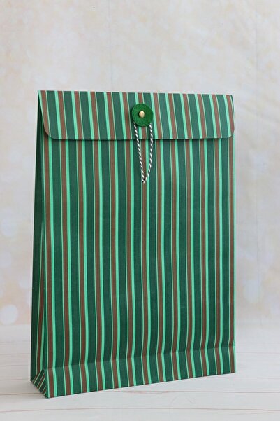 demontecraft Orta Boy, Ipli- Düğmeli Yeşil Çizgili Hediye Paketi, Karton , Hediye Poşeti, 2 Adet Kağıt Çanta