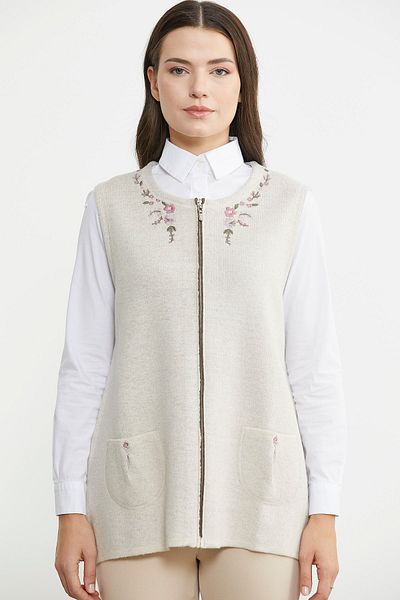 Sementa Stone Colored Zippered Wool Knitwear Vest with Embroidery Detail