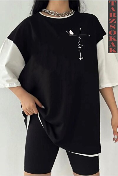 Tarzsokak Black Oversize Double Color Butterfly Text Printed Unisex T-shirt