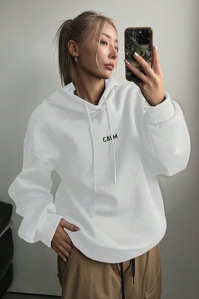 MODAGEN Unisex Λευκή κουκούλα Love Yourself Πίσω Φούτερ με στάμπα Oversize