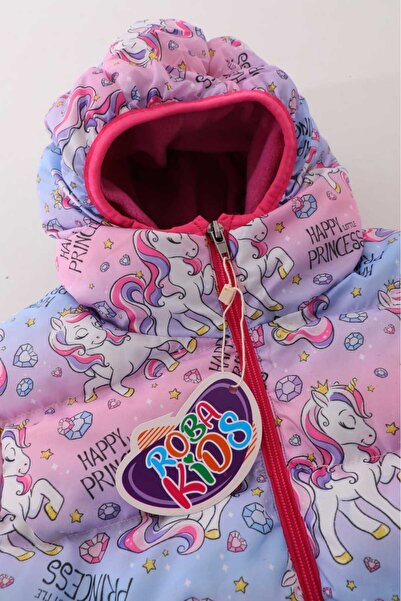 ROBA KIDS Kız Erkek Çocuk Iç Polarlı Kapüşonlu Unicorn2 Desenli Kışlık Şişme Mont & Kaban RB-109