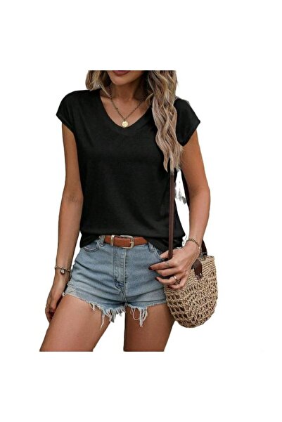 Butik V Yaka Dar Siyah kısa kollu Likralı Pamuk Kadın Tişört