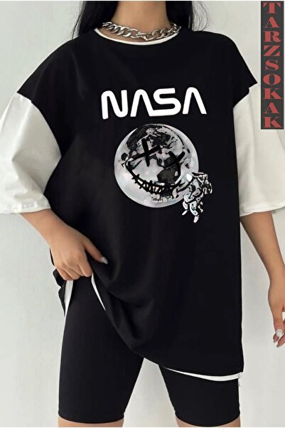 Tarzsokak Μαύρο Oversize Διπλό Χρώμα NASSA SOUND TEXT Τυπωμένο Unisex Tshirt