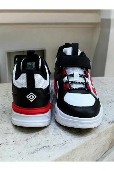 fikret bağcı Unisex Children's Sports Shoes - Light Sole, Velcro Elastic, White Black Red