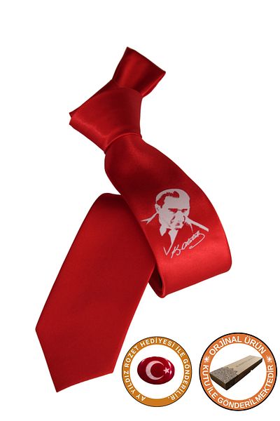 Elegante Cravatte Ataturk Printed Red Satin Tie