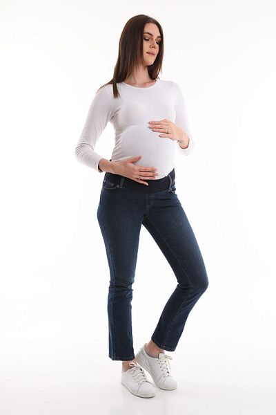 MEGHAN L.A Blugi de maternitate din țesătură flexibilă albastru bleumarin cu talie reglabilă