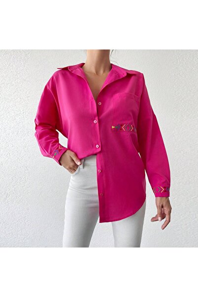 Basko fashion قميص نسائي أبيض بجيب وأكمام مطرزة