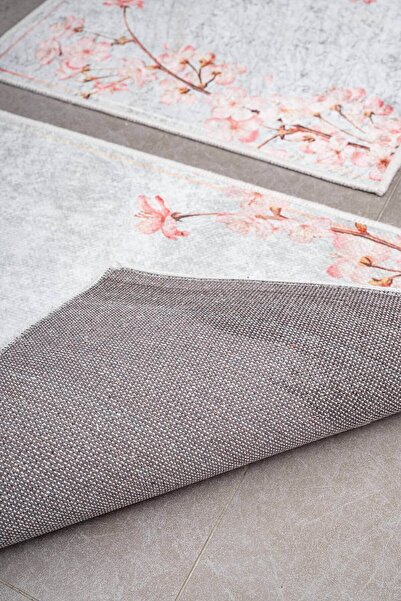 Oriente Home Μοκέτα μπάνιου 2 τεμαχίων με λουλουδάτο σχέδιο γκρι ροζ αντιολισθητική βάση που πλένεται 8728