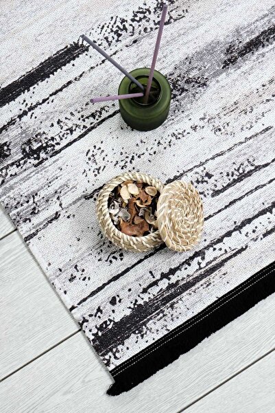 Oriente Home Modern Patterned Black and White Runner Washable Chenille Hallway Carpet 7333