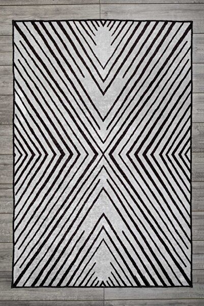 Oriente Home Cross Patterned Modern Velvet Carpet Gray Black Washable Non-Sli...