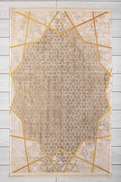 Oriente Home Klasik Desenli Bej Yıkanabilir Şönil Dokuma Saçaklı Kaymaz Taban...