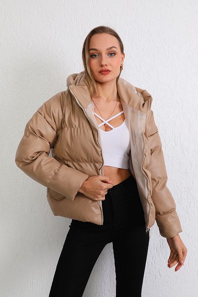 BİKELİFE Women's Beige Leather Hooded Puffer Coat