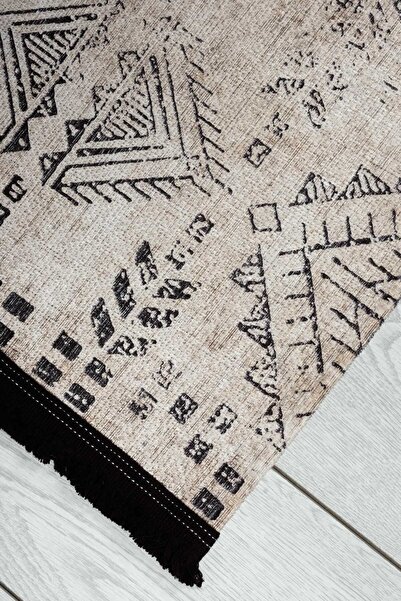 Oriente Home Scandinavian Patterned Beige Black Chenille Machine Carpet Runner Washable Hallway Carpet 7733