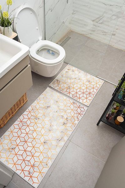 Oriente Home Honeycomb Patterned White Orange Non-Slip Base Washable Velvet 2-Piece Bath Mat 8704