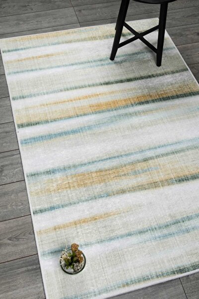 Oriente Home Tonaton Patterned Green Yellow Velvet Carpet Washable Non-Slip Base Runner Hallway Carpet 7914