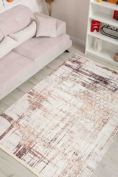 Oriente Home Soyut Desenli Açık Vizon Şönil Makina Halısı Yıkanabilir Saçaklı...