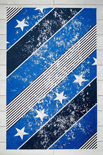 Striped Pattern Blue Black White Children's Rug Anti-bacterial Anti-Slip Sole Velvet 8478