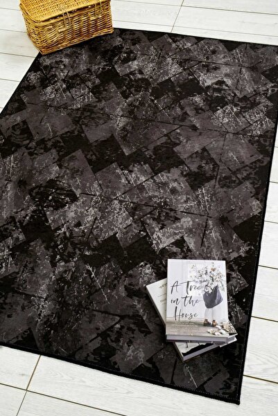 Oriente Home Μοντέρνο μοτίβο μαύρο βελούδο που πλένεται αντιολισθητικό χαλί διάδρομο 7012