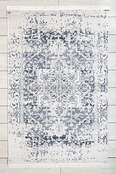 Oriente Home Mavi Klasik Desenli Şönil Makina Halısı Saçaklı Kaymaz Taban Halı 7411