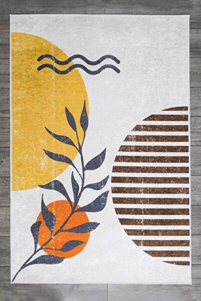 Oriente Home Modern Desenli Beyaz Kadife Halı Yıkanabilir Kaymaz Taban Halı 7004