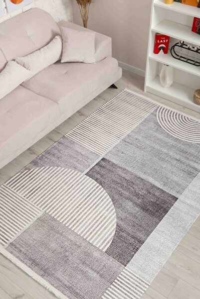 Oriente Home Modern Desenli Bej Krem Şönil Makina Halısı Yıkanabilir Saçaklı ...