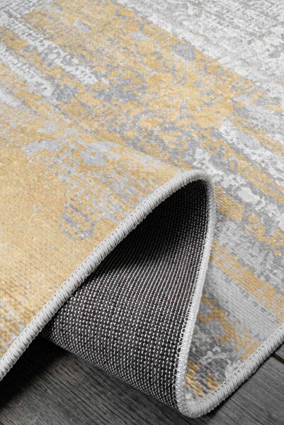 Oriente Home Bohemian Patterned Gray Yellow Velvet Carpet Washable Non-Slip Base Runner Hallway Carpet 7903
