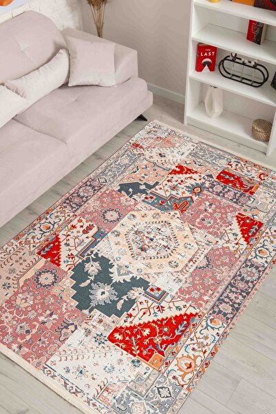 Oriente Home Retro Desenli Kırmızı Şönil Makina Halısı Yıkanabilir Saçaklı Ka...