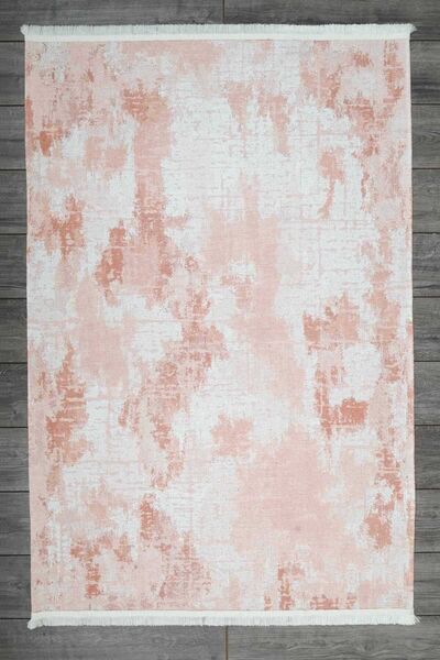 Oriente Home Abstract Desenli Bej Pembe Şönil Makina Halısı Yıkanabilir Saçak...
