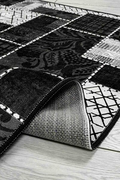 Oriente Home Modern Patterned Black and White Washable Non-Slip Sole Velvet Runner Corridor Carpet 7112