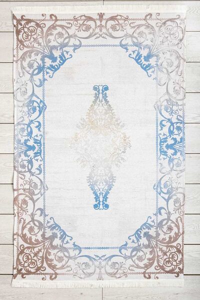 Oriente Home Modern Yıkanabilir Şönil Makina Halısı Saçaklı Kaymaz Taban Mavi...