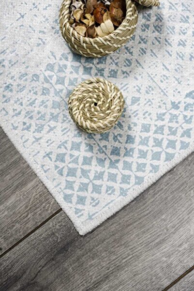 Oriente Home Bohemian Patterned Turquoise Gray Washable Non-Slip Base Velvet Runner Hallway Carpet 7568